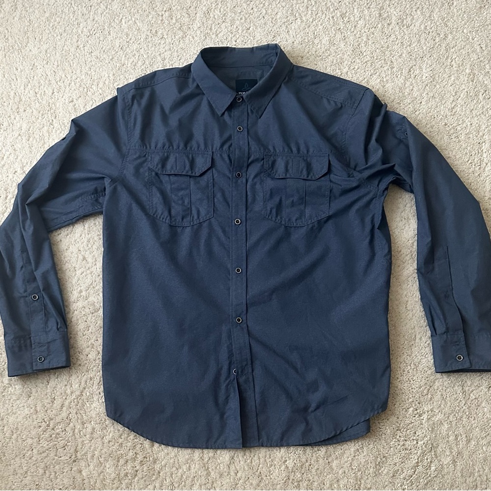 Men’s PrAna Blue Citadel Long Sleeve Button Down Hiking / Traveling Shirt Large
